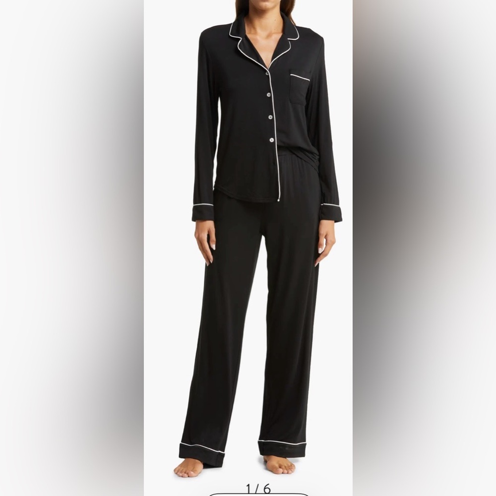 Black Long-Sleeve Pajama Set with White Piping
